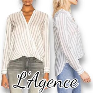 L'Agence Blouse - Black & White Striped "Kyla" Draped Blouse Sz S
